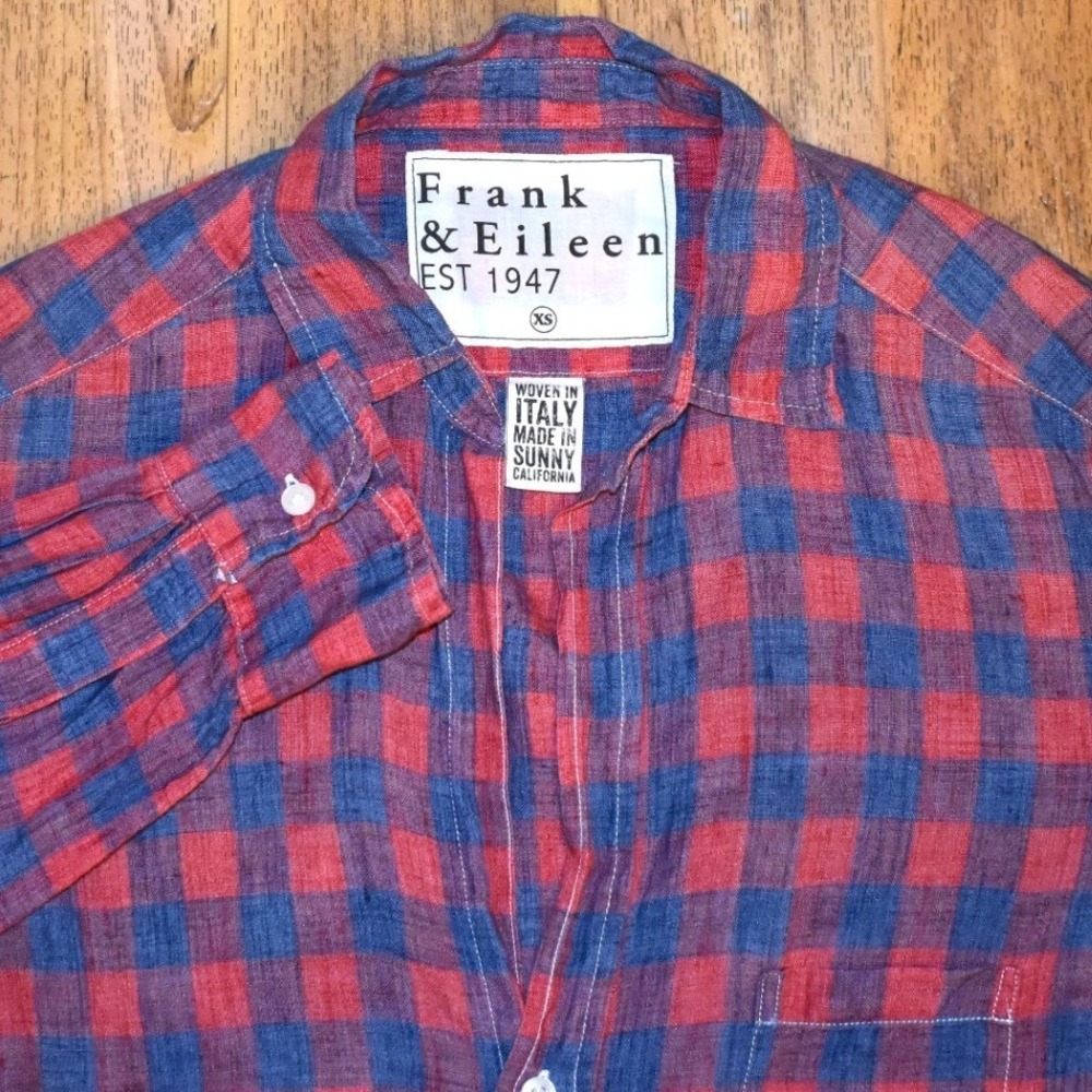 Frank & Eileen Rare Skipper Linen LS Button Up Shirt Red Blue Woven in Italy